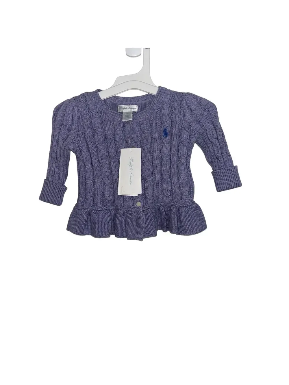 NWT Ralph Lauren Baby Purple Cable Knit Cardigan 6M Ruffle Pony Cotton